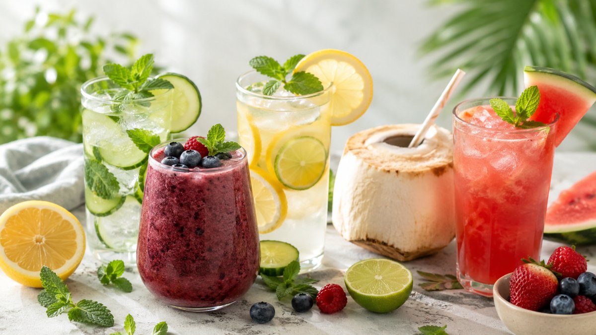 Öt hidratáló nyári ital együtt: uborkás víz, bogyós smoothie, jeges limonádé, kókuszvíz és görögdinnyés ital