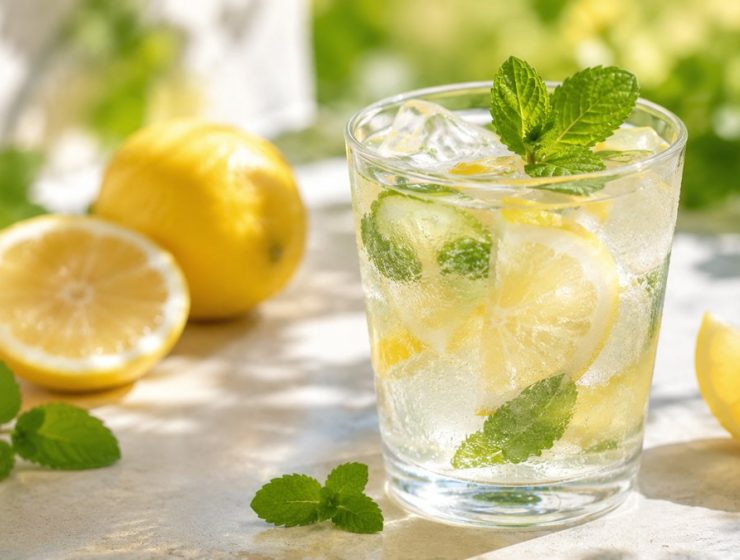 Hűsítő nyári limonádé citrommal és mentával jégkockákkal