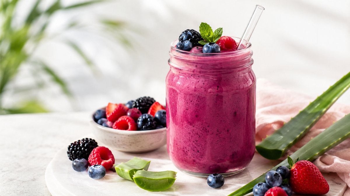 Bogyós gyümölcsös-aloe smoothie üvegpohárban friss gyümölcsökkel