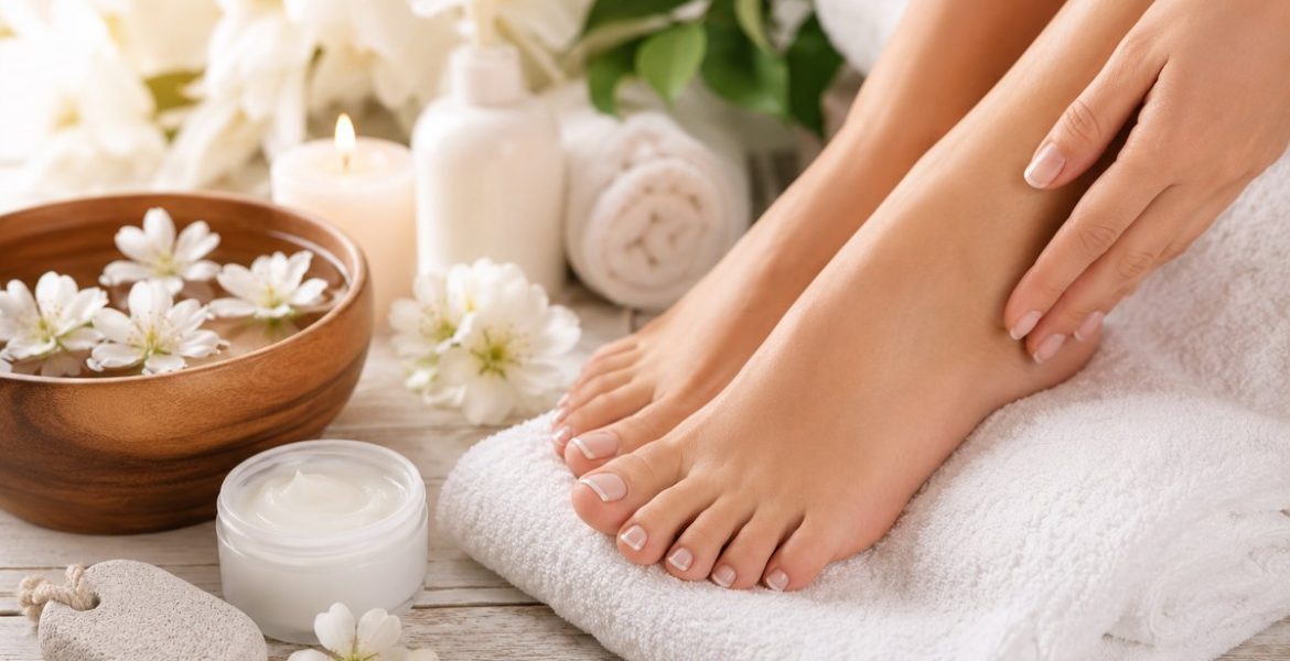 Ápolt női lábfejek spa-környezetben: törölköző, lábkrém, horzskő és virágok