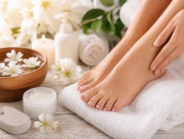Ápolt női lábfejek spa-környezetben: törölköző, lábkrém, horzskő és virágok