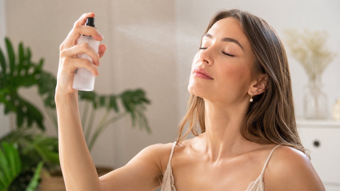 Fixáló spray permetezése az arcra a smink rögzítéséhez