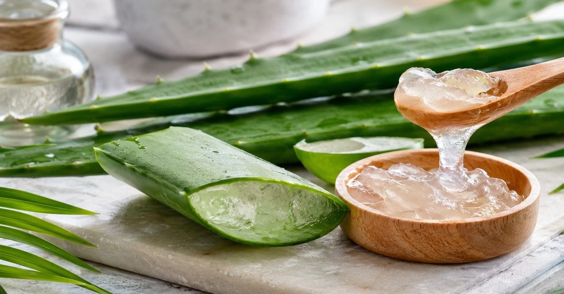 Aloe vera levél és friss gél tálban