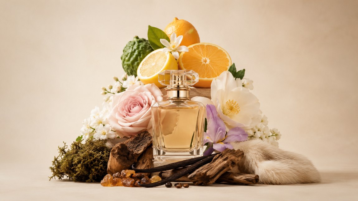 Parfümüveg az illatpiramis összetevőivel: citrus fejjegy, virág szívjegy, fás alapjegy