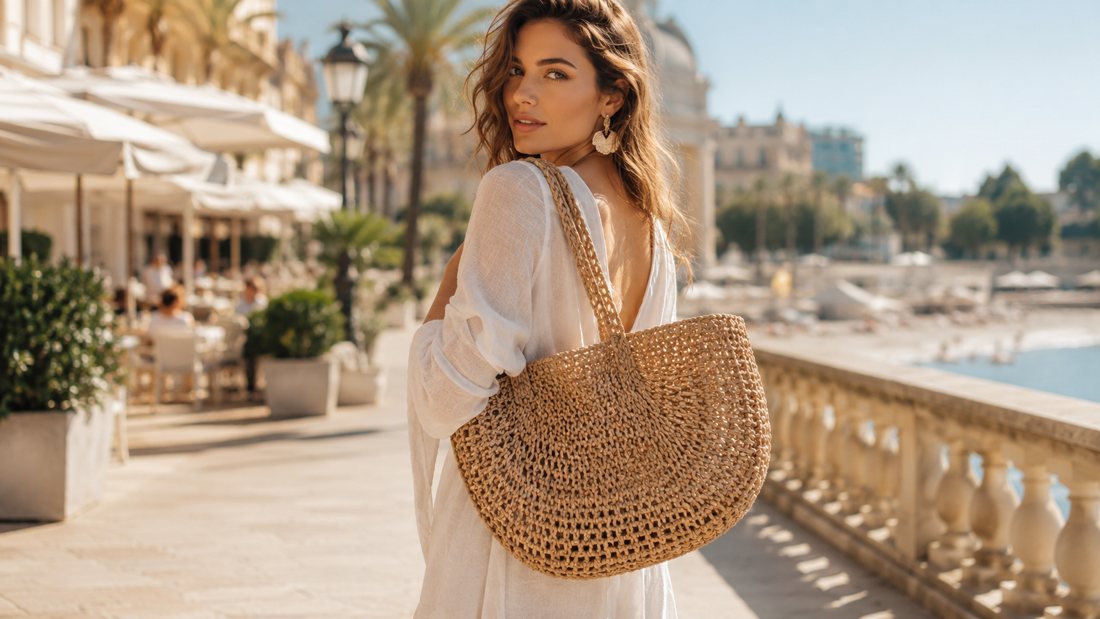 Nyári kiegészítők: raffia fonott strandtáska nyári vászonruhához