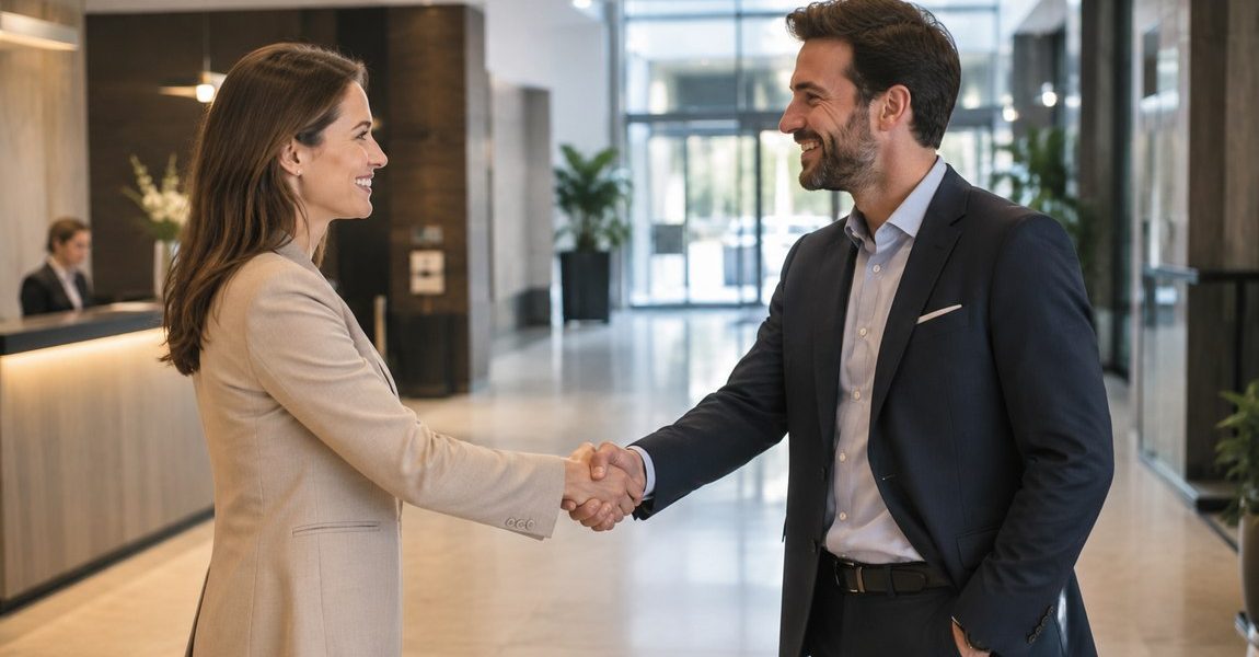 Nő és férfi udvarias kézfogása egy modern iroda halljában, üzleti köszönés