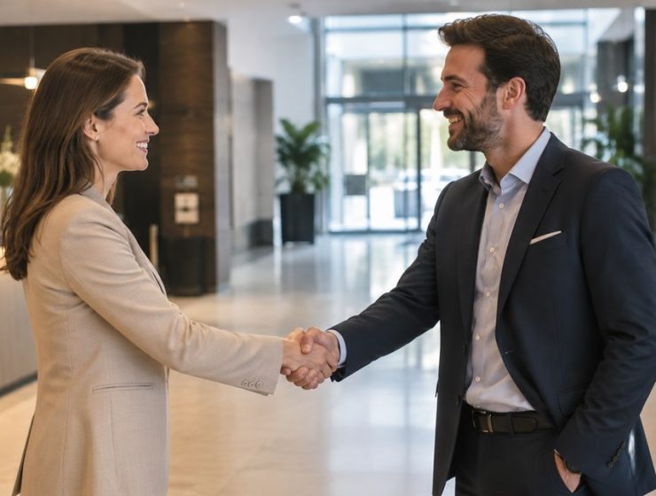 Nő és férfi udvarias kézfogása egy modern iroda halljában, üzleti köszönés