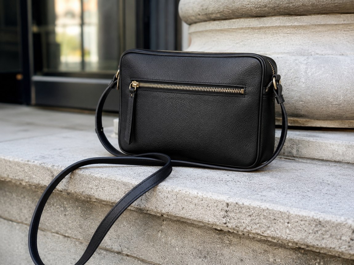 Fekete crossbody oldaltáska arany cipzárral városi lépcsőn