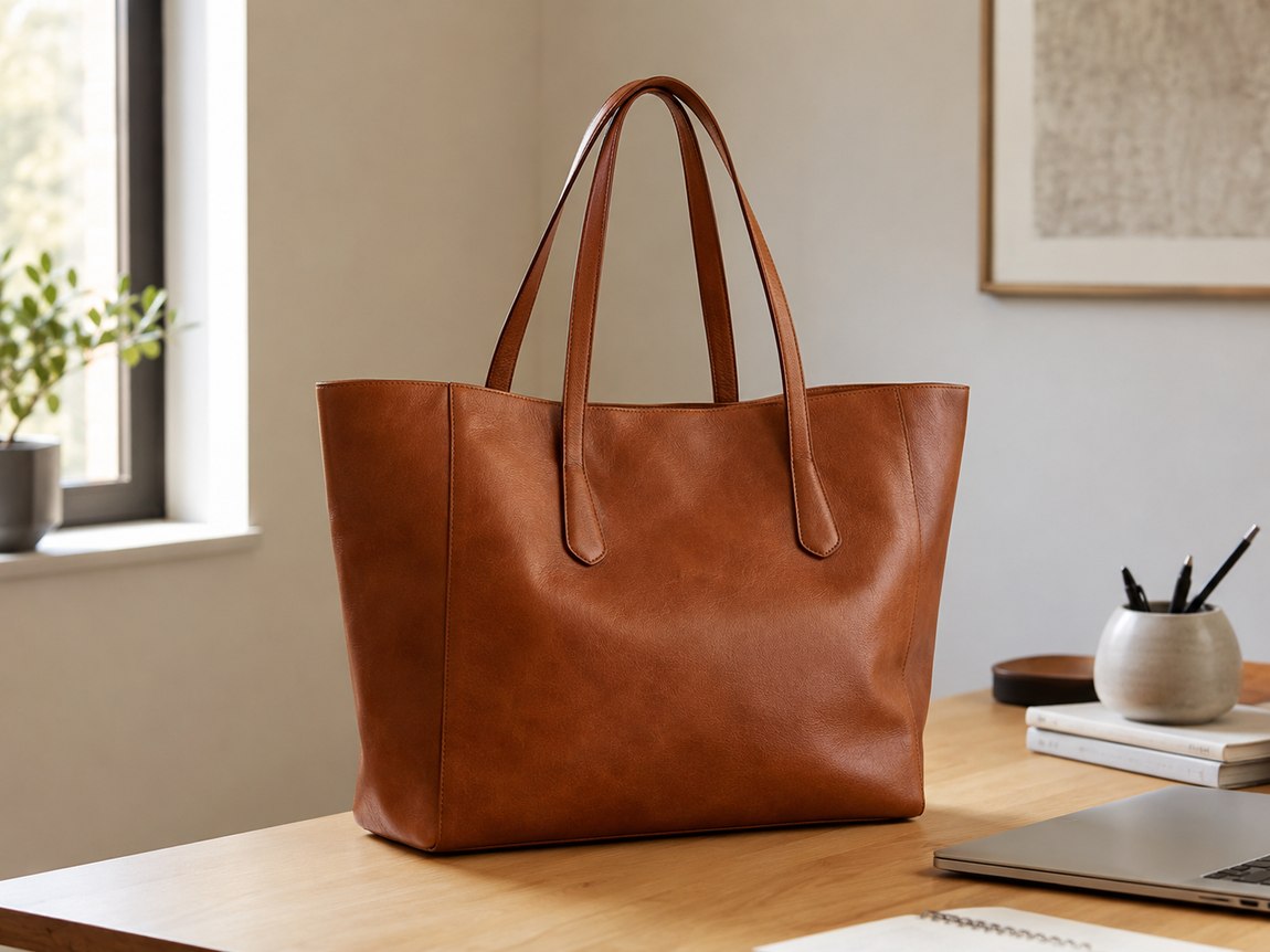 Női táska fazonok: barna bőr shopper (tote) táska hosszú fülekkel egy világos íróasztalon