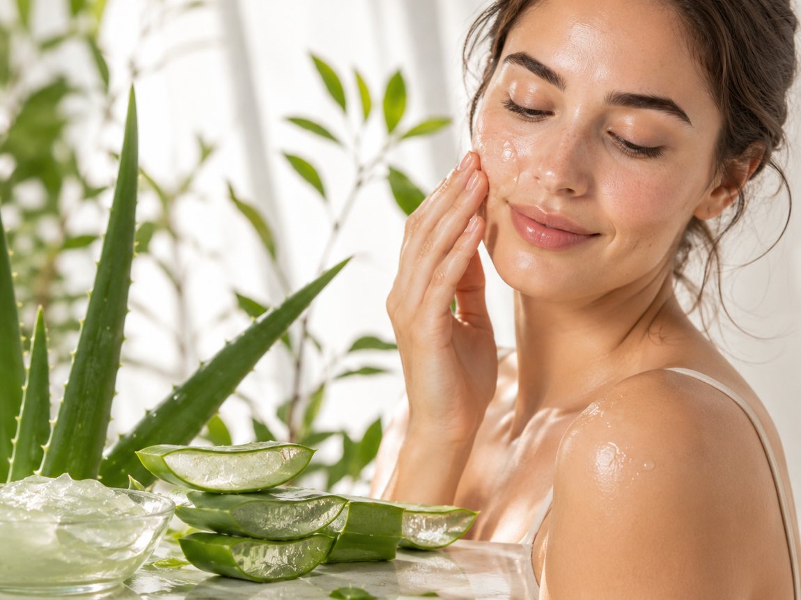Aloe vera gél felvitele az arcra – nyugtató növényi hatóanyag