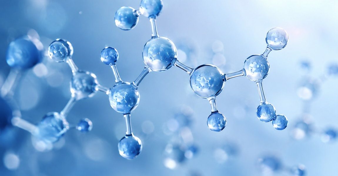 Peptidmolekula szerkezete kék háttéren, a peptidek a bőrápolásban