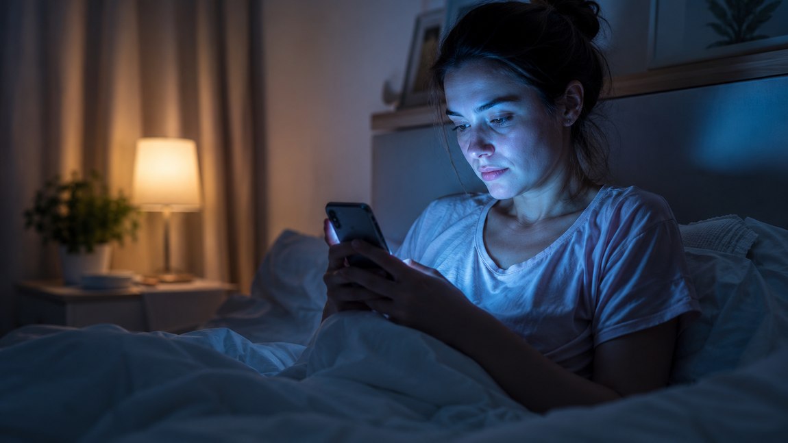 Nő telefonozik az ágyban éjszaka, a képernyő kék fénye megvilágítja az arcát