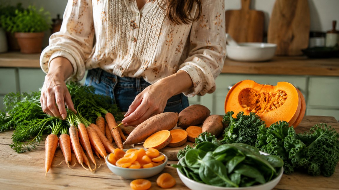 Béta-karotinban gazdag zöldségek: sárgarépa, édesburgonya, sütőtök és kel