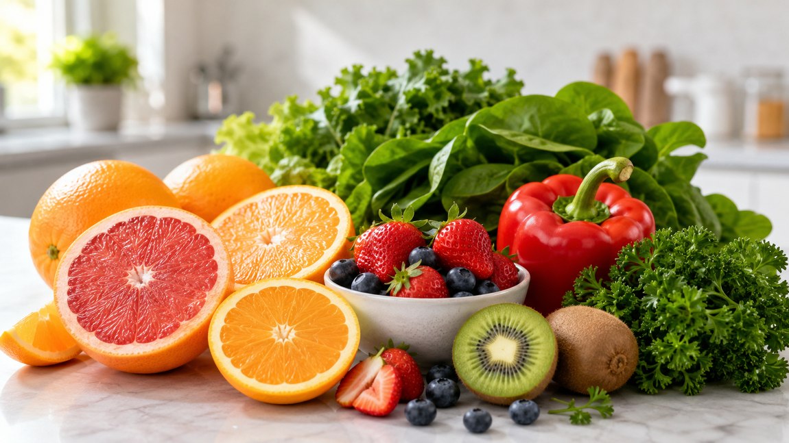 C-vitaminban gazdag ételek: citrusfélék, bogyós gyümölcsök, paprika és leveles zöldségek