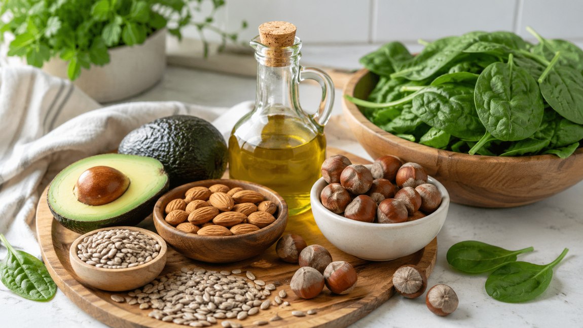 E-vitamin forrásai: avokádó, mandula, mogyoró, napraforgómag és növényi olaj