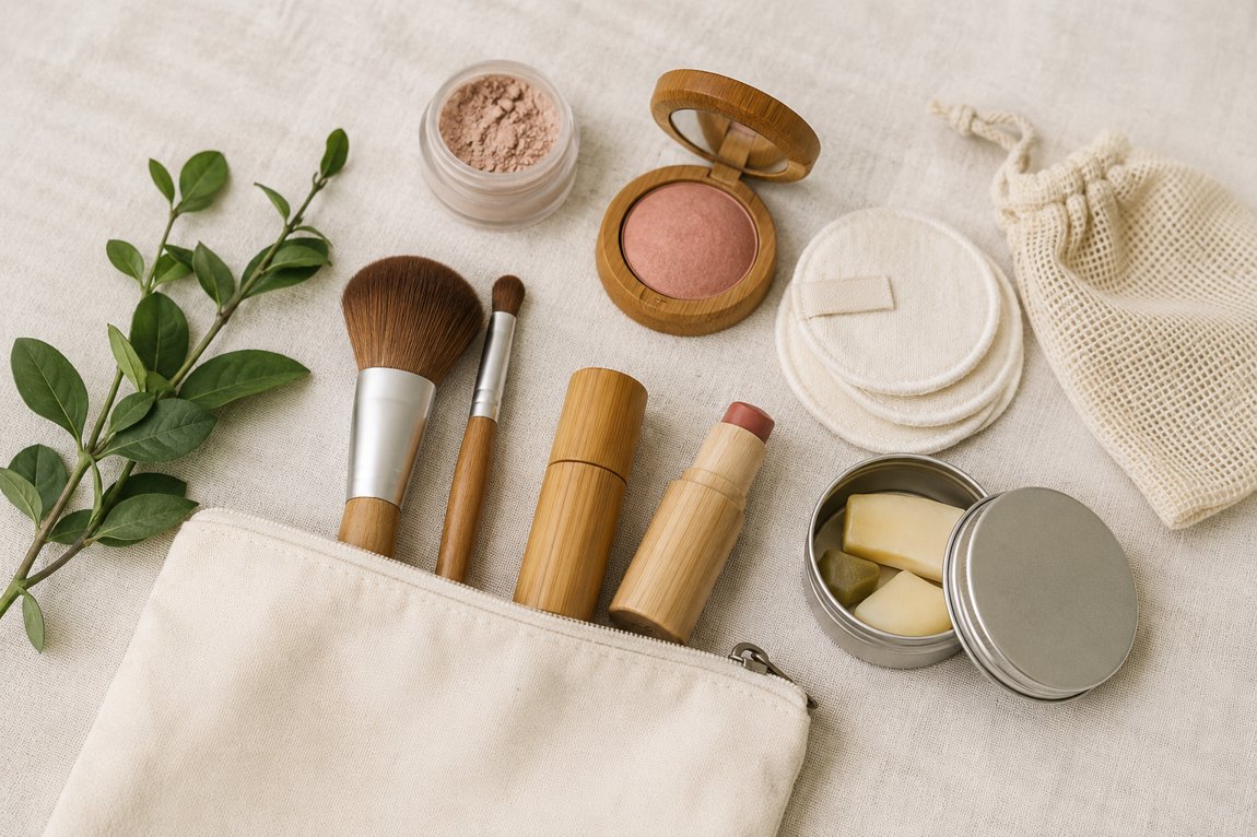 Zero waste smink kellékek: bambusz ecsetek, mosható korongok és vászontasak
