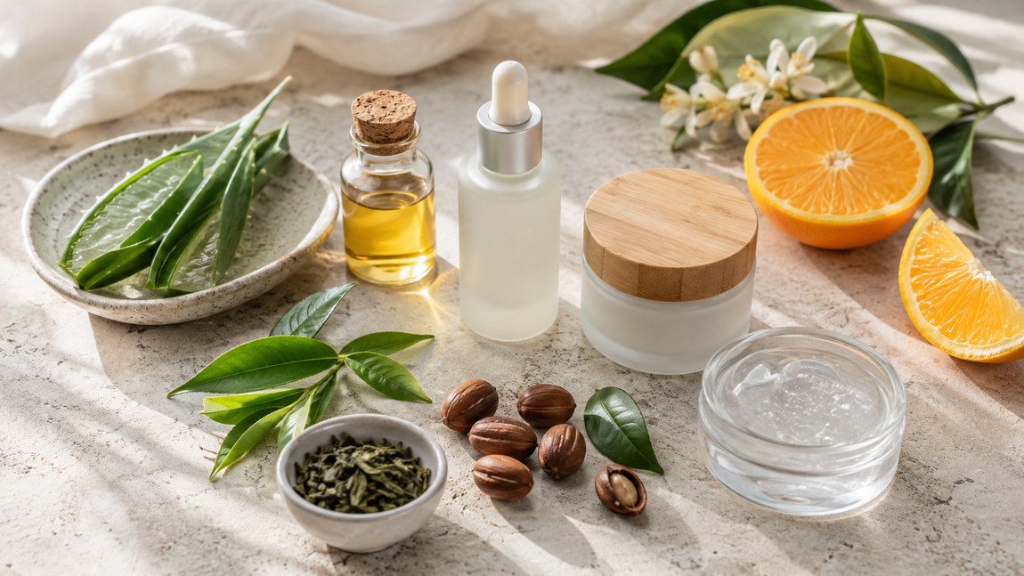 Vegán bőrápoló összetevők: aloe vera, növényi olaj, zöld tea, citrus és jojoba